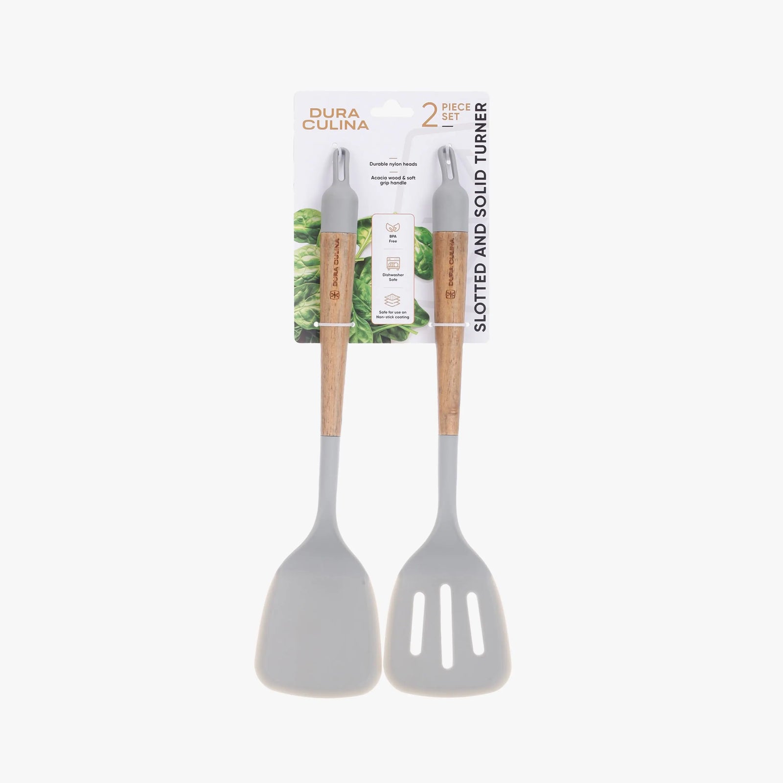 2-Piece Solid & Slotted Turner Set – Acacia Wood Handles, Non-Stick Safe Nylon Heads, Soft Grip Handles, Heat Resistant-0
