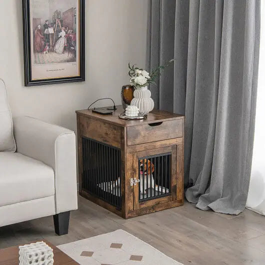 2-In-1 Dog House with Drawer and Wired Wireless Charging-Rustic Brown Gazebo Pet Hub