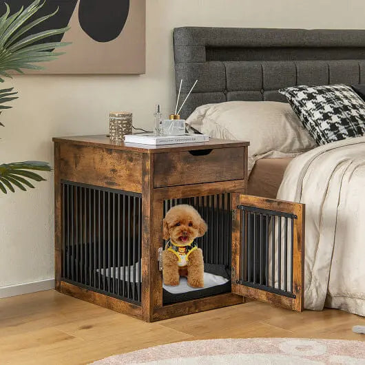 2-In-1 Dog House with Drawer and Wired Wireless Charging-Rustic Brown Gazebo Pet Hub