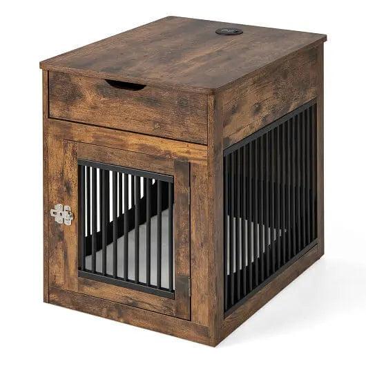 2-In-1 Dog House with Drawer and Wired Wireless Charging-Rustic Brown Gazebo Pet Hub