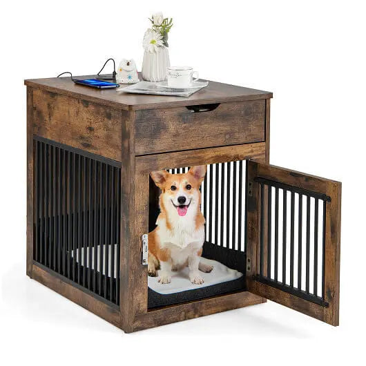2-In-1 Dog House with Drawer and Wired Wireless Charging-Rustic Brown Gazebo Pet Hub