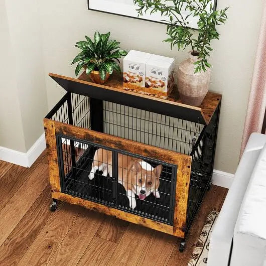 Industrial Dog Kennel with Flip-up Top 3 Lockable Doors and Removable Tray-Rustic Brown Unbranded