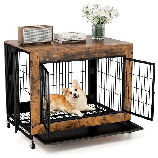 Industrial Dog Kennel with Flip-up Top 3 Lockable Doors and Removable Tray-Rustic Brown Unbranded
