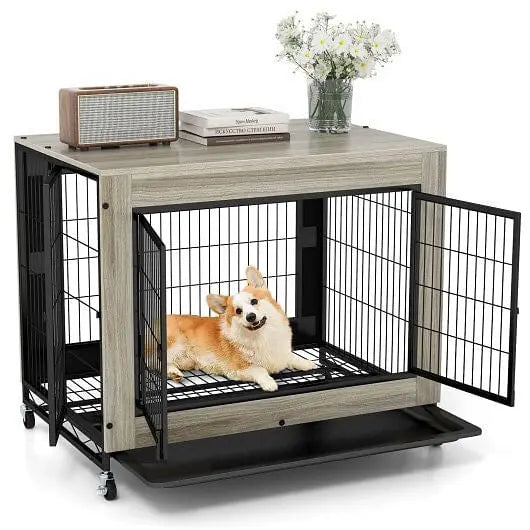 Industrial Dog Kennel with Flip-up Top 3 Lockable Doors and Removable Tray-Rustic Brown Unbranded