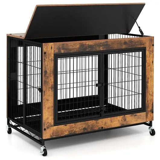 Industrial Dog Kennel with Flip-up Top 3 Lockable Doors and Removable Tray-Rustic Brown Unbranded