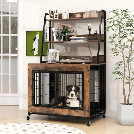Industrial Dog Kennel Dog Crate Furniture with Storage Shelves-Rustic Brown Unbranded