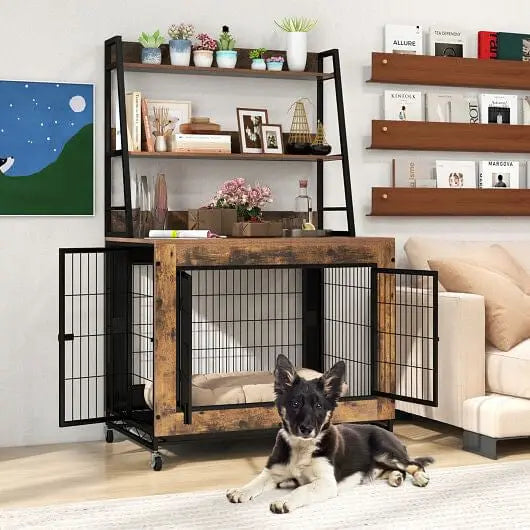 Industrial Dog Kennel Dog Crate Furniture with Storage Shelves-Rustic Brown Unbranded