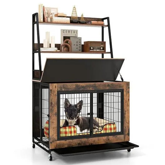 Industrial Dog Kennel Dog Crate Furniture with Storage Shelves-Rustic Brown Unbranded