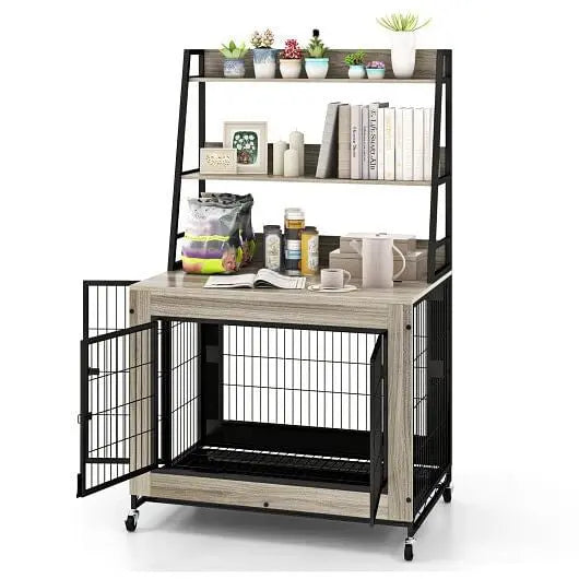 Industrial Dog Kennel Dog Crate Furniture with Storage Shelves-Rustic Brown Unbranded