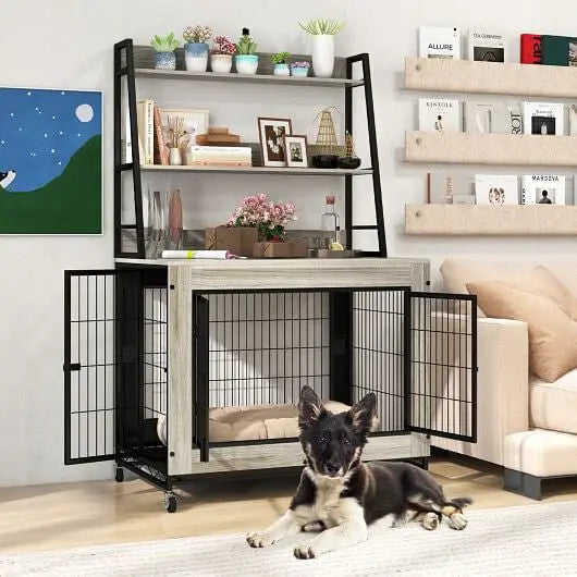 Industrial Dog Kennel Dog Crate Furniture with Storage Shelves-Rustic Brown Unbranded