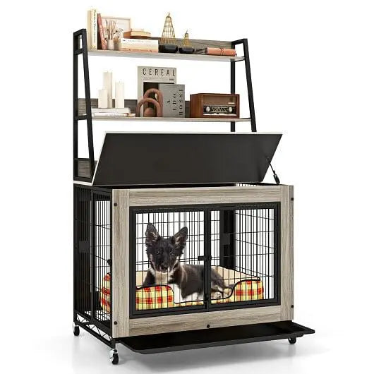 Industrial Dog Kennel Dog Crate Furniture with Storage Shelves-Rustic Brown Unbranded