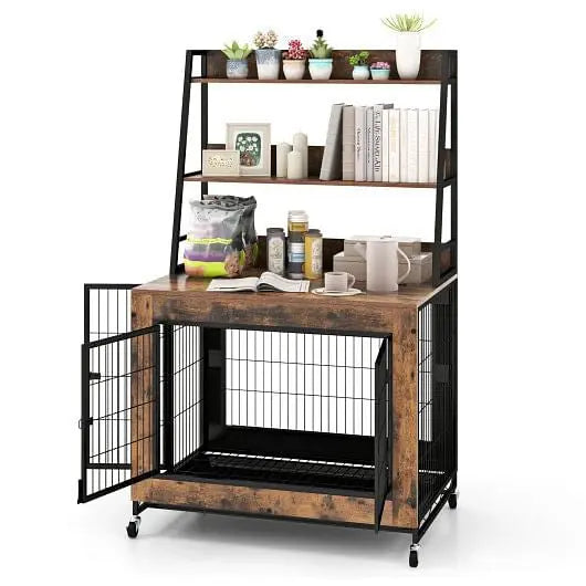 Industrial Dog Kennel Dog Crate Furniture with Storage Shelves-Rustic Brown Unbranded