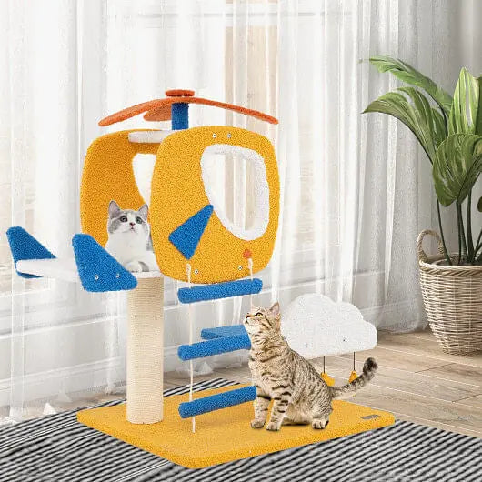 Indoor Small Aviation-themed Cat Tree Cat Tower with Helicopter Top Perch-Yellow Unbranded