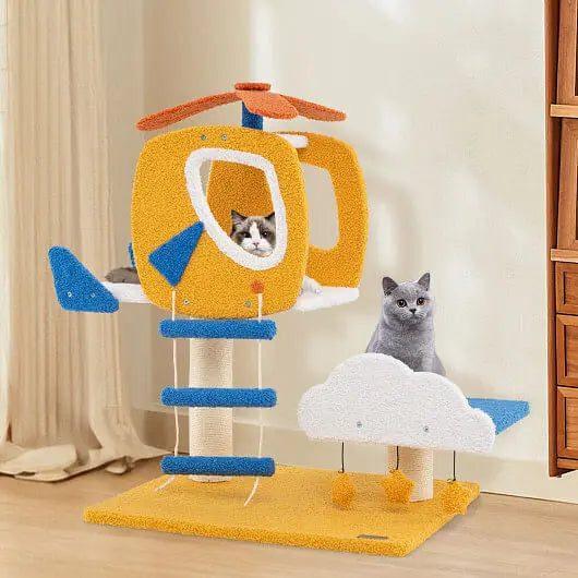 Indoor Small Aviation-themed Cat Tree Cat Tower with Helicopter Top Perch-Yellow Unbranded