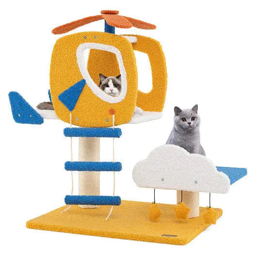 Indoor Small Aviation-themed Cat Tree Cat Tower with Helicopter Top Perch-Yellow Unbranded