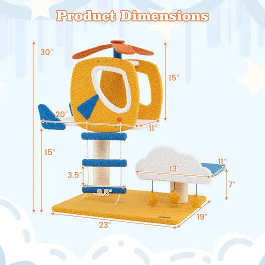 Indoor Small Aviation-themed Cat Tree Cat Tower with Helicopter Top Perch-Yellow Unbranded