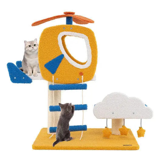 Indoor Small Aviation-themed Cat Tree Cat Tower with Helicopter Top Perch-Yellow Unbranded