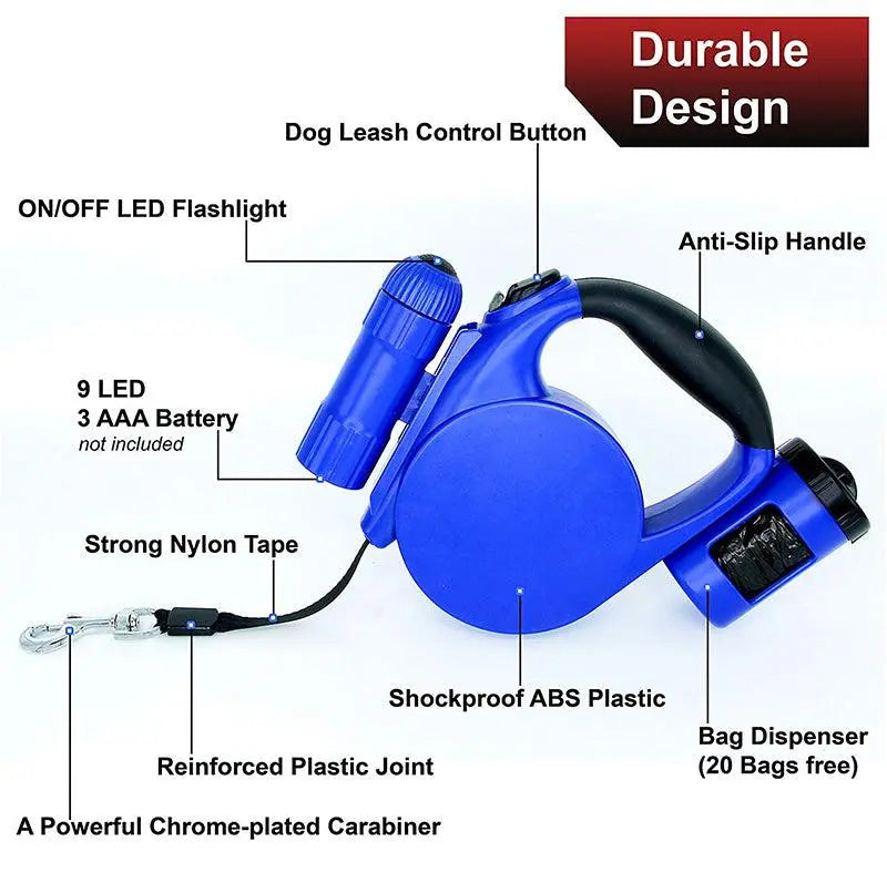 Nightwalk 4.5M Led Light And Waste Bag Dispenser Retractable Dog Leash - Gazebo Pet Hub