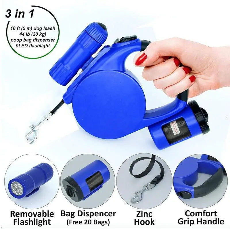 Nightwalk 4.5M Led Light And Waste Bag Dispenser Retractable Dog Leash - Gazebo Pet Hub