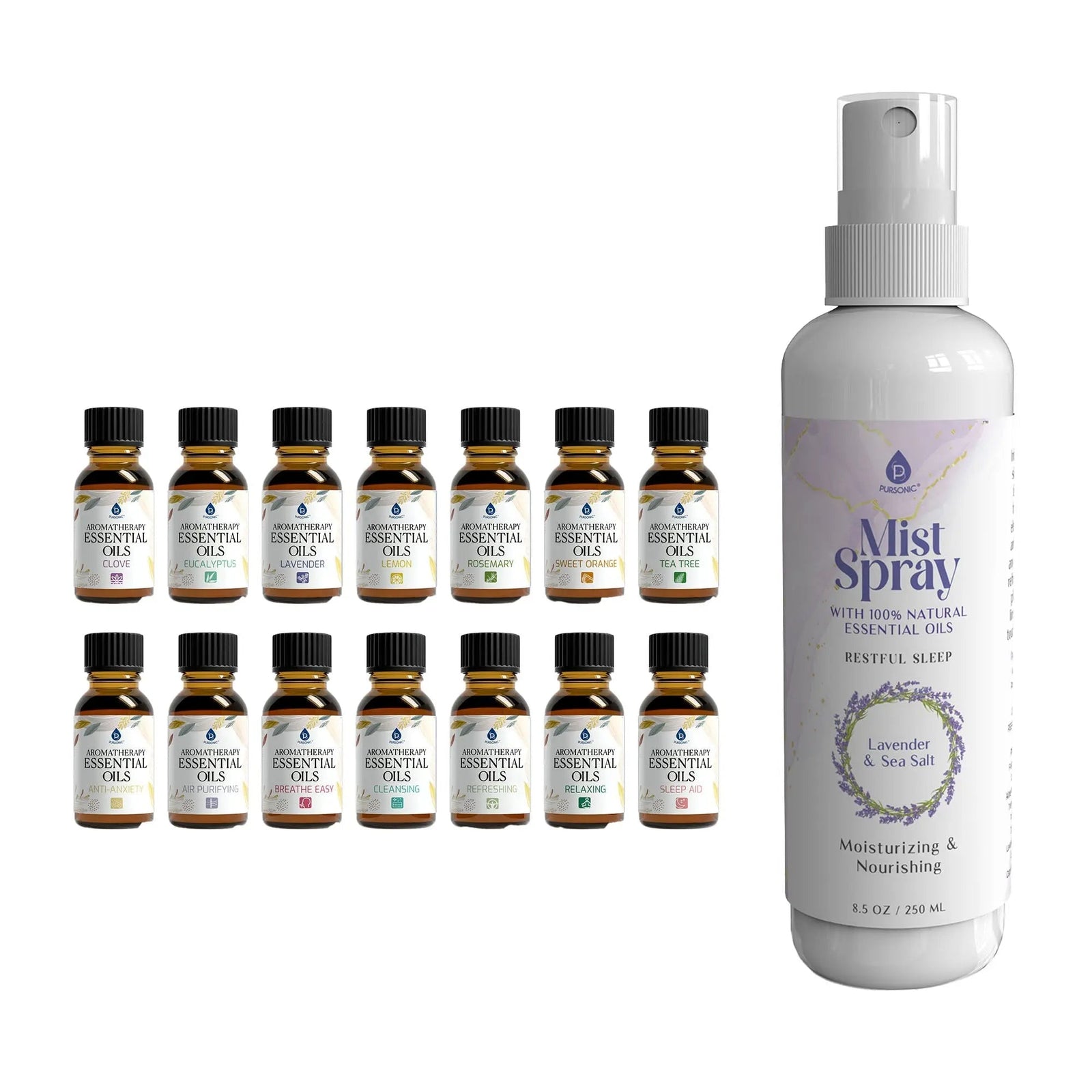 Pursonic Lavender & Sea Salt Mist Spray + 14 - Pack Essential Oil Gift Set for Aromatherapy & Wellness - Gazebo Pet Hub